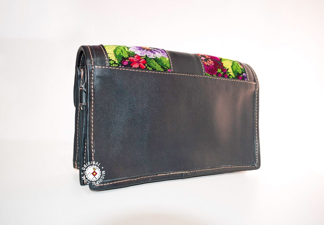 Cartera de mano con cincho, Piel genuina y Textil guatemalteco en color negro - Imagen 3